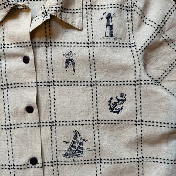 Embroidered Coastal Linen Blend Shirt Lemon Grass Petite Medium PM - Picture 8 of 10